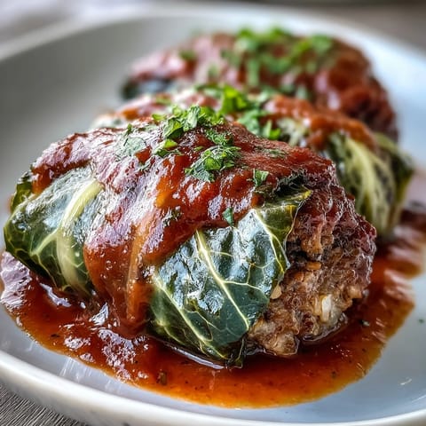 Golden-baked cabbage rolls in a red tomato sauce are served in a rustic dish with crusty bread for dipping.