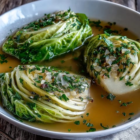 Golden cabbage wedges steaming in a rich herby parmesan broth, served in a shallow bowl with a rustic spoon.