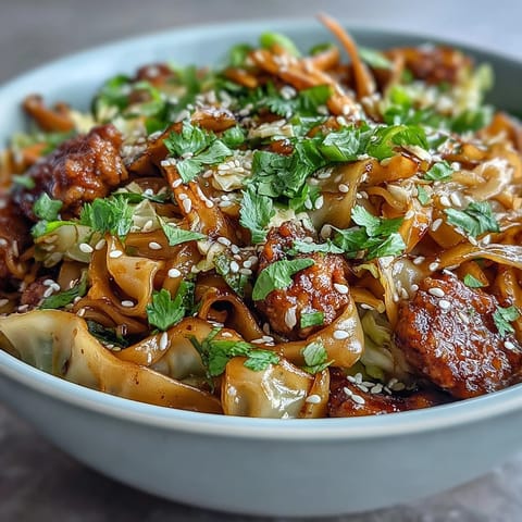 A close view of Potsticker Noodle Bowls with crisp cabbage, mushrooms, and sesame seeds, ready for dinner.