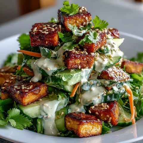Golden-brown, ultra-crispy tofu cubes are layered over a vibrant bowl of sliced cucumbers and carrots tossed in a creamy sesame-ginger dressing.  
