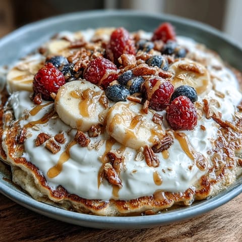 This high-protein Protein Pancake Bowl is piled with tangy yogurt, sliced banana, and a generous drizzle of honey for a satisfying breakfast.