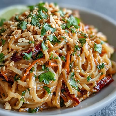 Asian Peanut Noodle Bowl tossed with colorful vegetables like red cabbage and bell peppers, served with lime wedges.