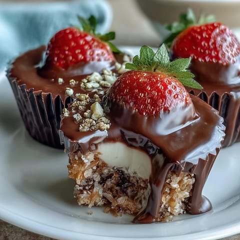 Elegant Dubai Chocolate Strawberry Cups with Kataifi and Pistachio Cream, featuring golden kataifi pastry cups filled with dark chocolate and luscious pistachio cream.