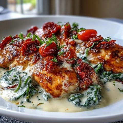 Creamy Tuscan Chicken Skillet with golden seared chicken in a rich garlic cream sauce, served with sun-dried tomatoes and wilted spinach.  