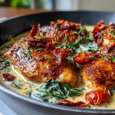 One-pan Creamy Tuscan Chicken Skillet featuring tender chicken breasts simmered in a luscious Parmesan cream sauce with fresh spinach and tomatoes.  