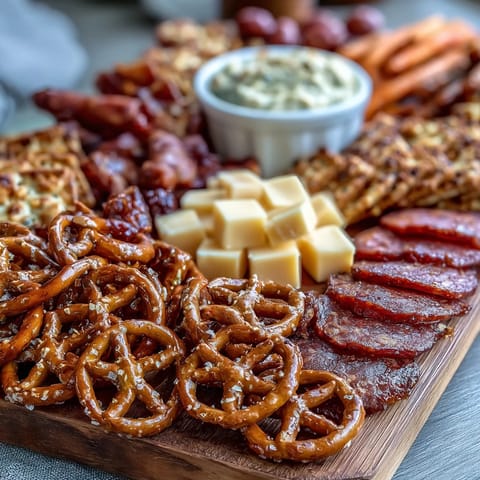 Game Day Baseball Snack Board with Pretzels and Dips, featuring soft pretzels and assorted dips arranged on a wooden platter for sharing.