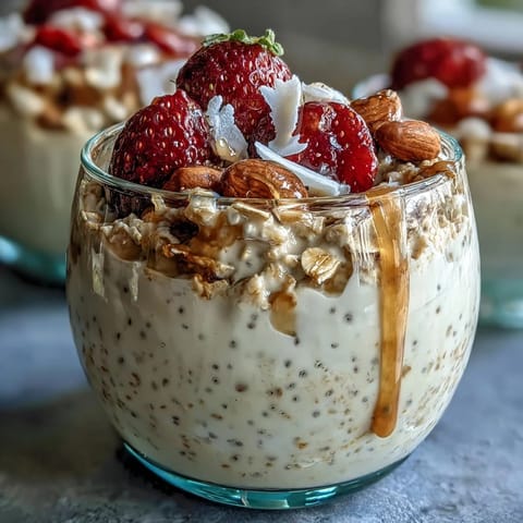 Healthy Easy Overnight Oats with Strawberry and Chia, a vibrant breakfast bowl with juicy strawberries and creamy chia-infused oats.