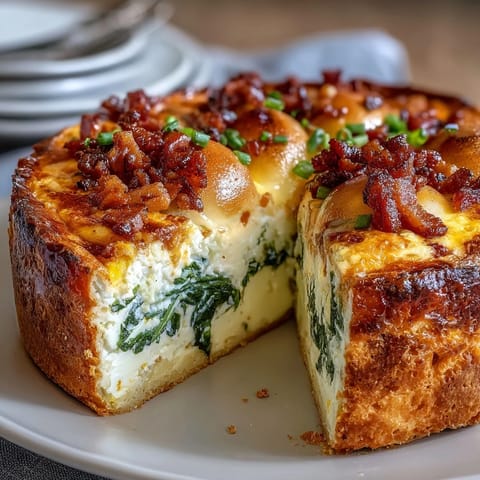 Easter Savory Pie with Hard-Boiled Eggs and Ham, a flaky golden pastry filled with creamy ricotta, spinach, diced ham, and whole eggs for a stunning cross-section.