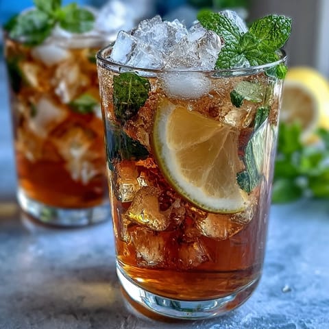 Iced lavender lemonade with fresh mint in a clear pitcher, garnished with lemon slices and mint sprigs.