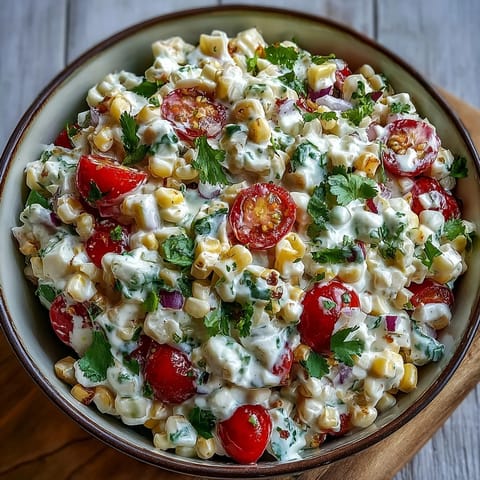 Creamy Corn Salad with Jalapeño in a white bowl, garnished with fresh cilantro and lime wedges, perfect for summer barbecues.
