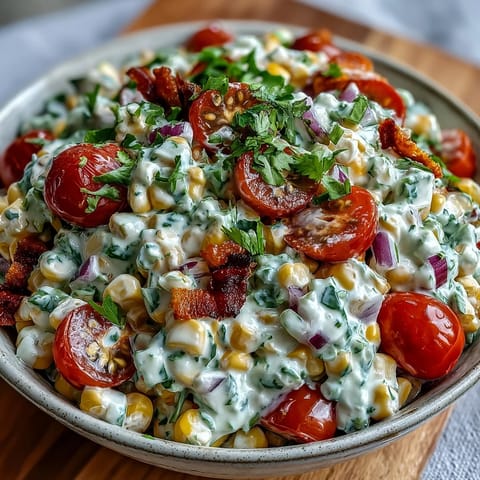 A vibrant bowl of Creamy Corn Salad with Jalapeño, featuring sweet corn, red peppers, and tomatoes in a tangy dressing, ideal for picnics.