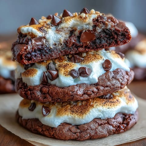 Gooey smores brownie cookies with chocolate chips, graham cracker bits, and toasted marshmallow tops.