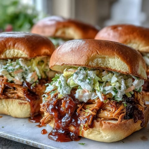 Slow cooker pulled BBQ chicken piled high on toasted brioche buns with creamy coleslaw.  