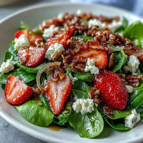 Fresh spring salad with baby spinach, ripe strawberries, creamy goat cheese, and candied pecans, drizzled with tangy balsamic vinaigrette.