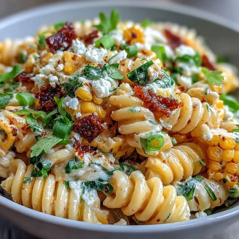 Creamy Elote Corn Pasta Salad with Cotija cheese, vibrant corn, and zesty lime dressing in a colorful bowl.
