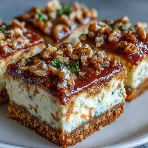 Moist carrot cake cheesecake bars with creamy swirls and crunchy walnuts, perfect for spring gatherings and Easter celebrations.