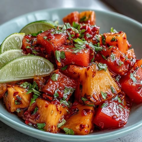 Vibrant mango fruit cups with zesty lime and a hint of chili, perfect for a refreshing summer snack.  
