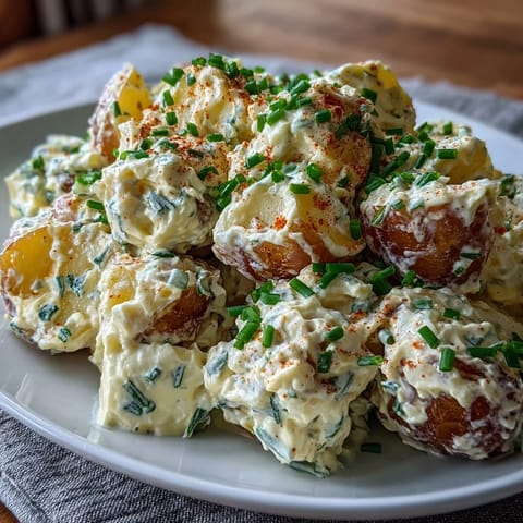 Classic deviled egg potato salad with creamy dressing, chopped eggs, and fresh herbs on a rustic serving platter.