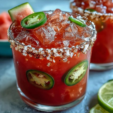 Refreshing Cinco de Mayo watermelon jalapeño margarita mocktail in a salt-rimmed glass, garnished with lime and jalapeño slices.