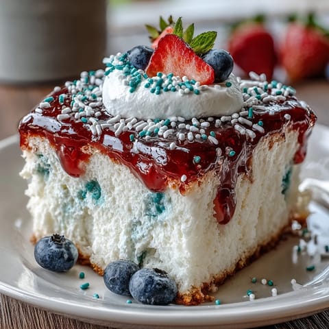 Festive Red White Blue Poke Cake featuring creamy whipped topping and colorful gelatin pockets, perfect for Memorial Day celebrations and summer gatherings.