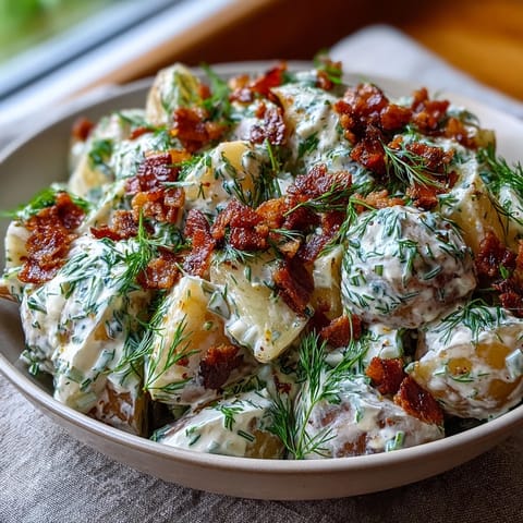 A bowl of creamy Memorial Day potato salad with crispy bacon and fresh dill, perfect for picnics.  