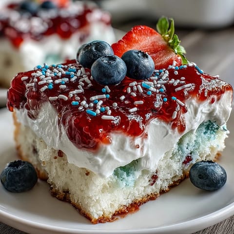 Memorial Day Red White Blue Poke Cake with vibrant red and blue gelatin swirled through white cake and topped with whipped cream and patriotic sprinkles.