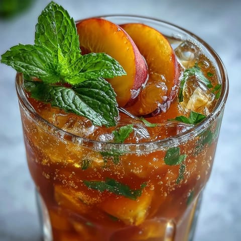 A tall glass of iced peach green tea lemonade, with vibrant peach slices and mint garnish.  