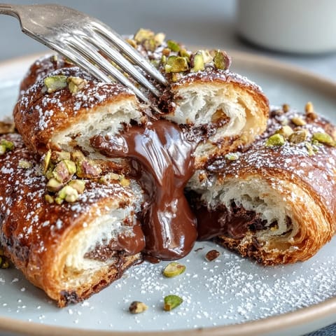 Dubai Chocolate Pistachio Croissant French Toast with golden croissants stuffed with rich chocolate and topped with crunchy pistachios.