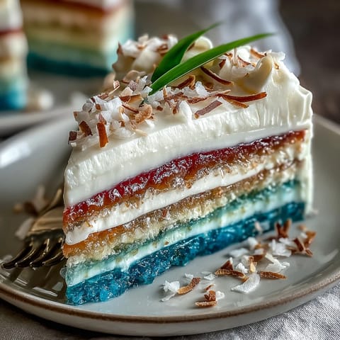Vibrant rainbow jelly cake with agar-agar and creamy coconut layers, a colorful and dairy-free dessert perfect for summer parties.  