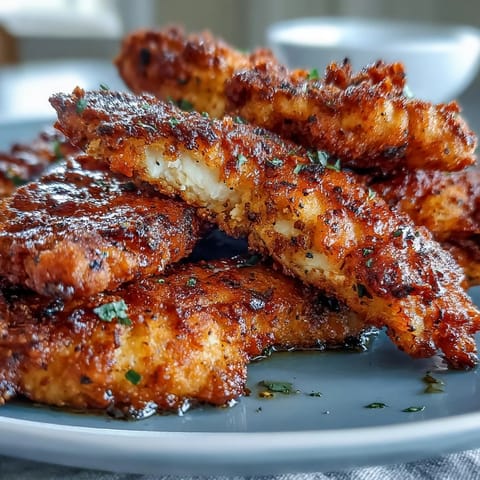 Golden-brown, extra crispy pickle brine chicken tenders ready to dip.
