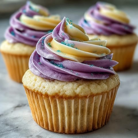 Fluffy vanilla Gemini Birthday Cupcakes adorned with a vibrant, dual-tone frosting swirl.