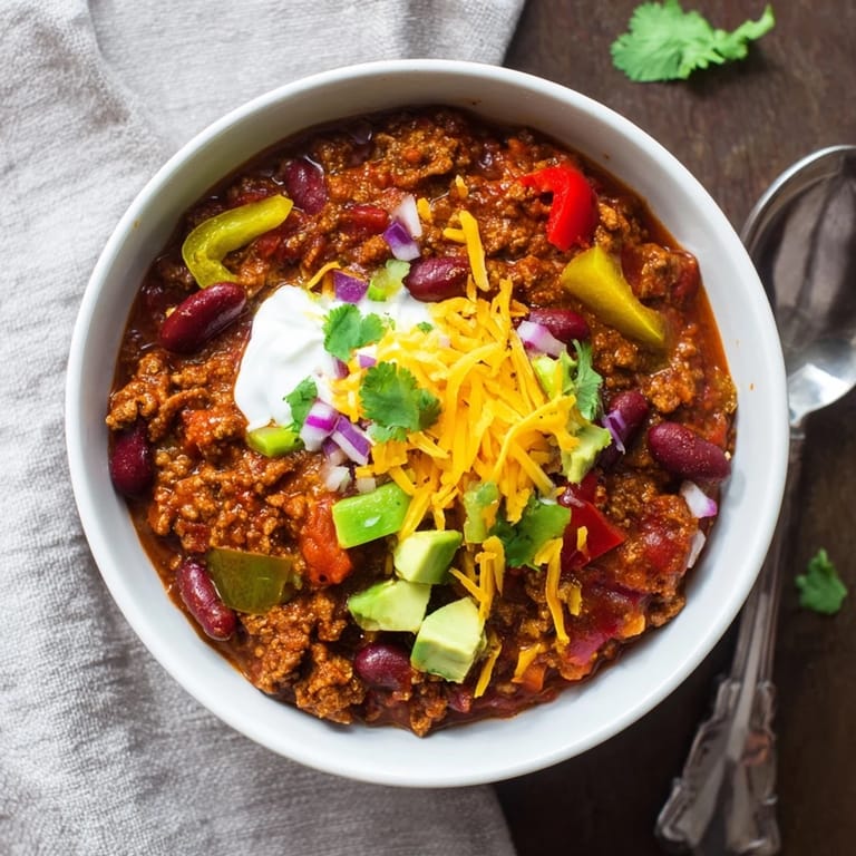 Spoon dipping into rich, spicy Chili con Carne beside warm cornbread on a wooden table.