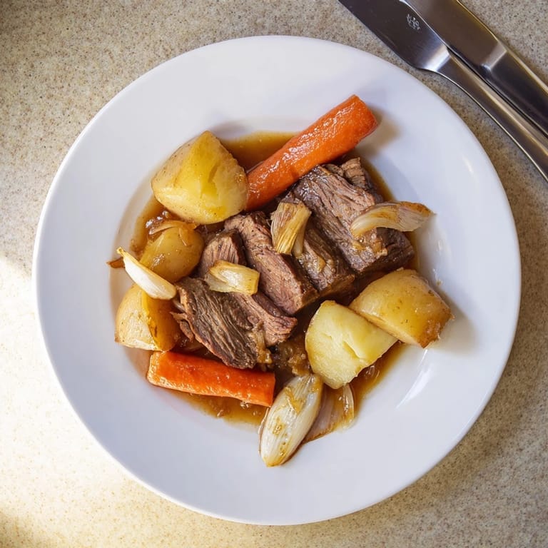Family-style Beef Pot Roast served steaming hot with savory gravy in a rustic Dutch oven.