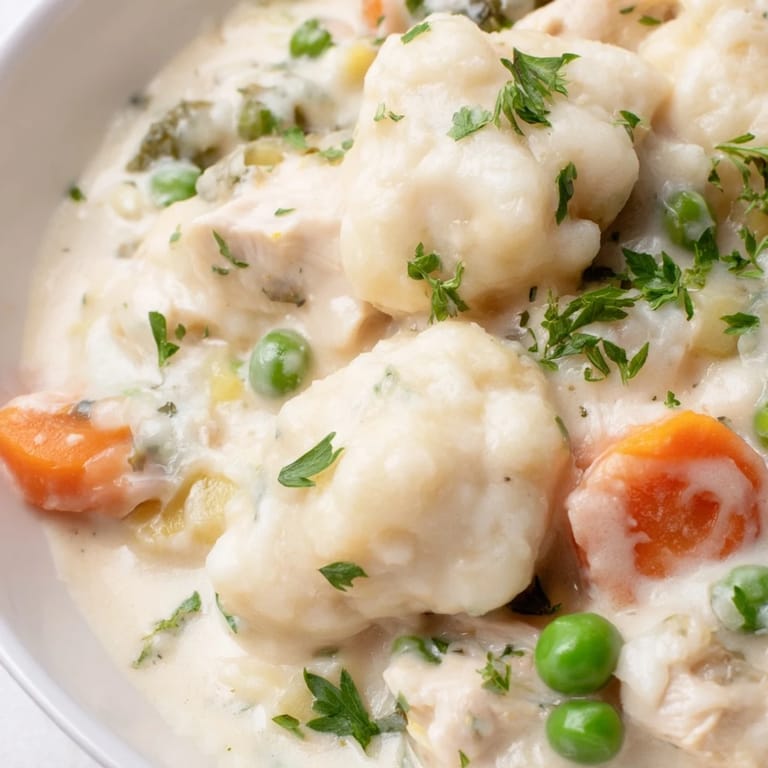 Family-style Dutch oven of Chicken and Dumplings on a rustic table, garnished with fresh parsley and ready to serve hot.