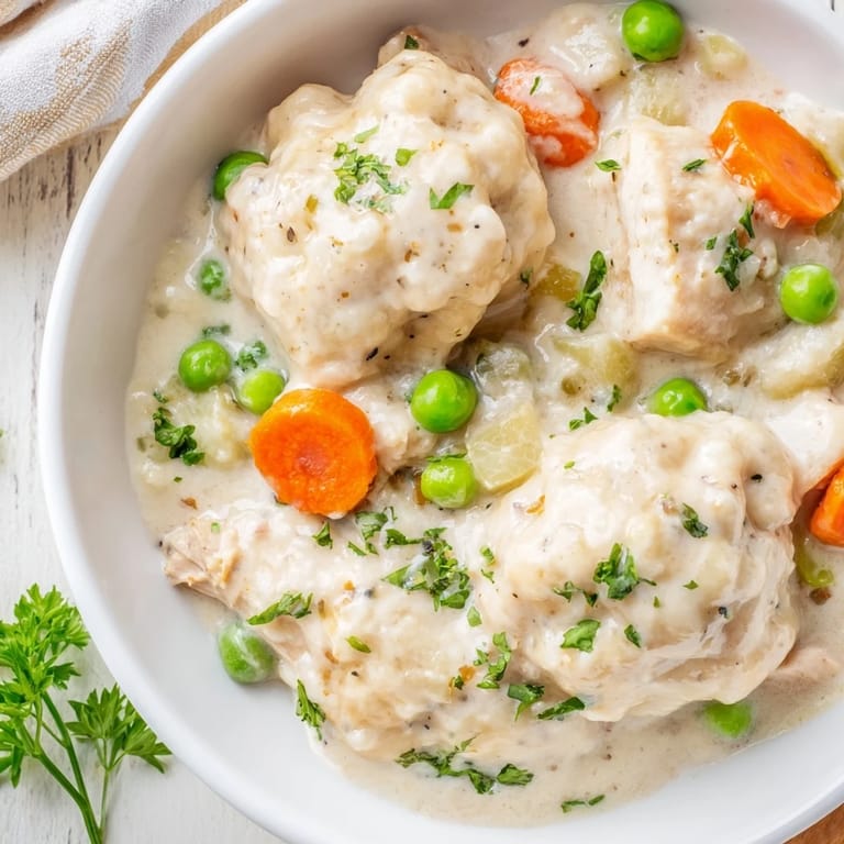 A close-up of Chicken and Dumplings steam rising, showcasing chunky vegetables and a thick, savory sauce ladled over pillowy dumplings.