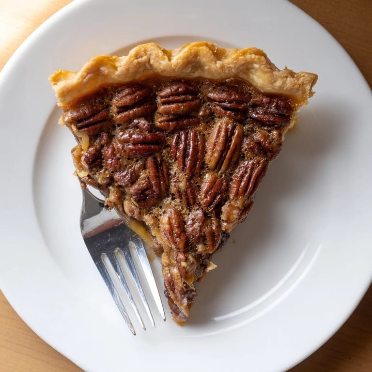 A slice of homemade Pecan Pie is served on a white plate, ready to be enjoyed with a dollop of whipped cream.