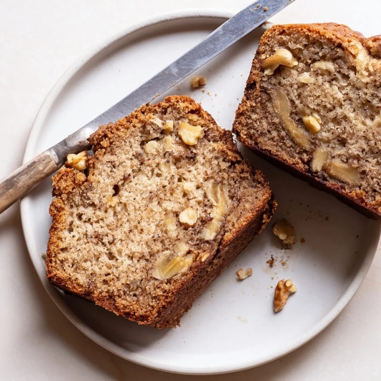 Freshly baked Banana Bread cooling on a wire rack, surrounded by ripe bananas and chopped walnuts for garnish.