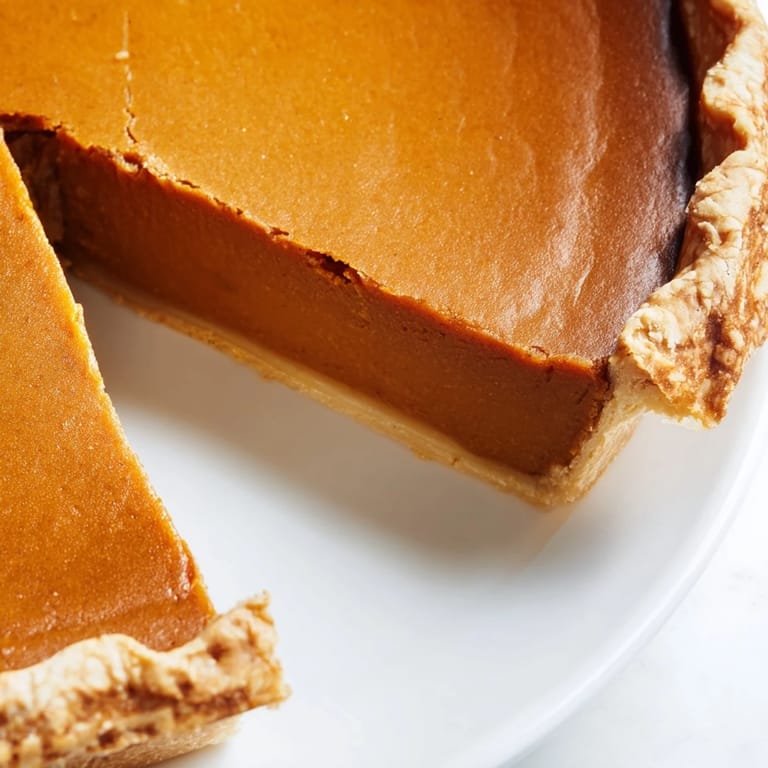 A slice of Pumpkin Pie topped with a dollop of whipped cream, revealing its silky, orange interior and perfectly crimped edges.