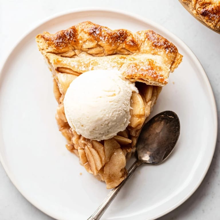 Rustic lattice-top apple pie bubbling with cinnamon apples on a vintage ceramic pie plate.