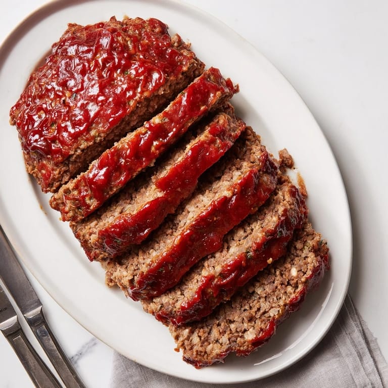 A tender, juicy slice of homemade meatloaf featuring a tangy glaze, paired with green beans and mashed potatoes for dinner.
