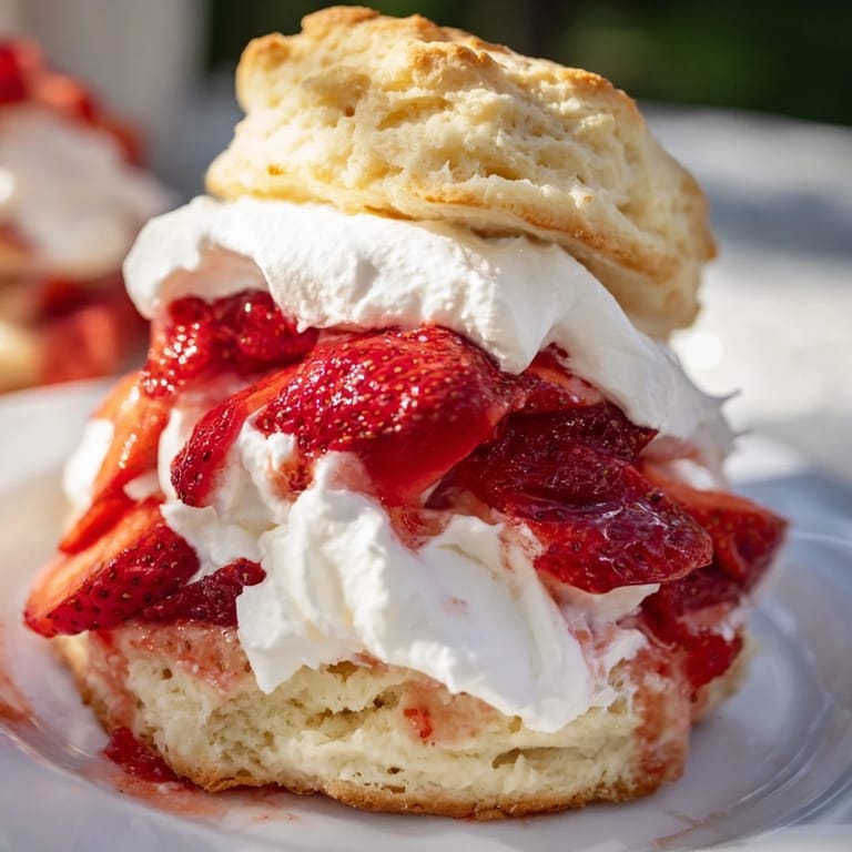 Homemade Strawberry Shortcake dessert featuring tender biscuits, macerated fresh strawberries, and fluffy cream on a rustic white plate.