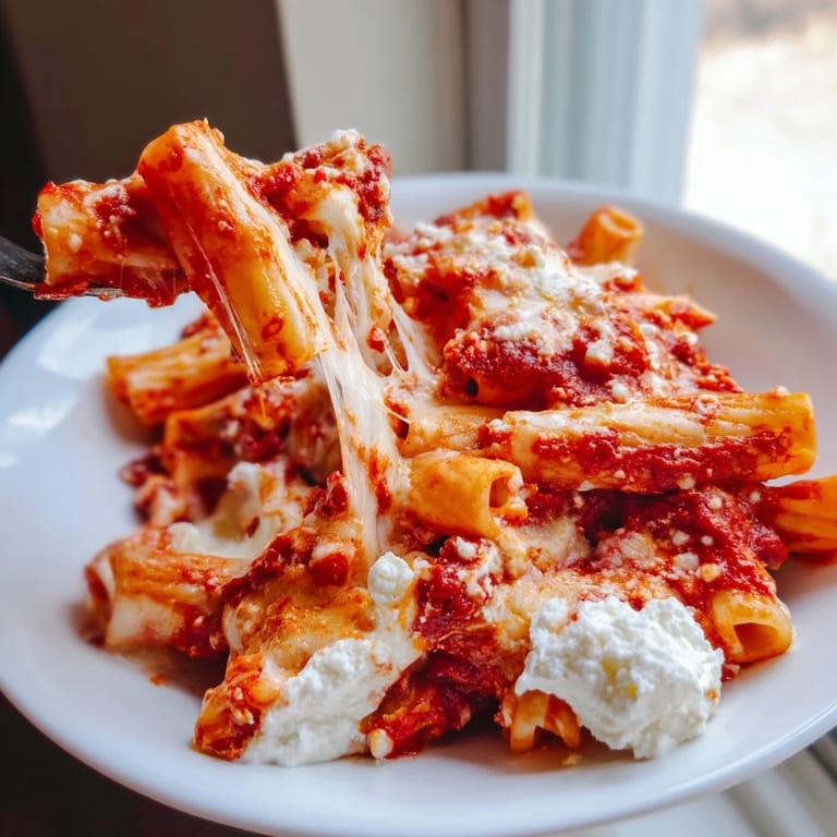 Layered baked ziti in a white dish, melted cheese, and fresh parsley garnish, paired with garlic bread.