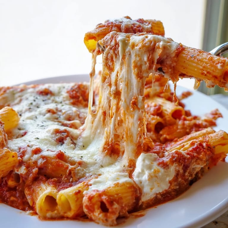 Homemade Baked Ziti with creamy ricotta, savory tomato sauce, and melted mozzarella, served family-style in a baking dish.