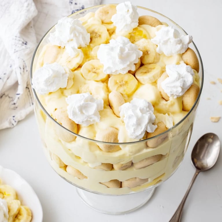 Homemade Banana Pudding in a clear bowl, topped with extra vanilla wafers and sliced bananas on a rustic table.