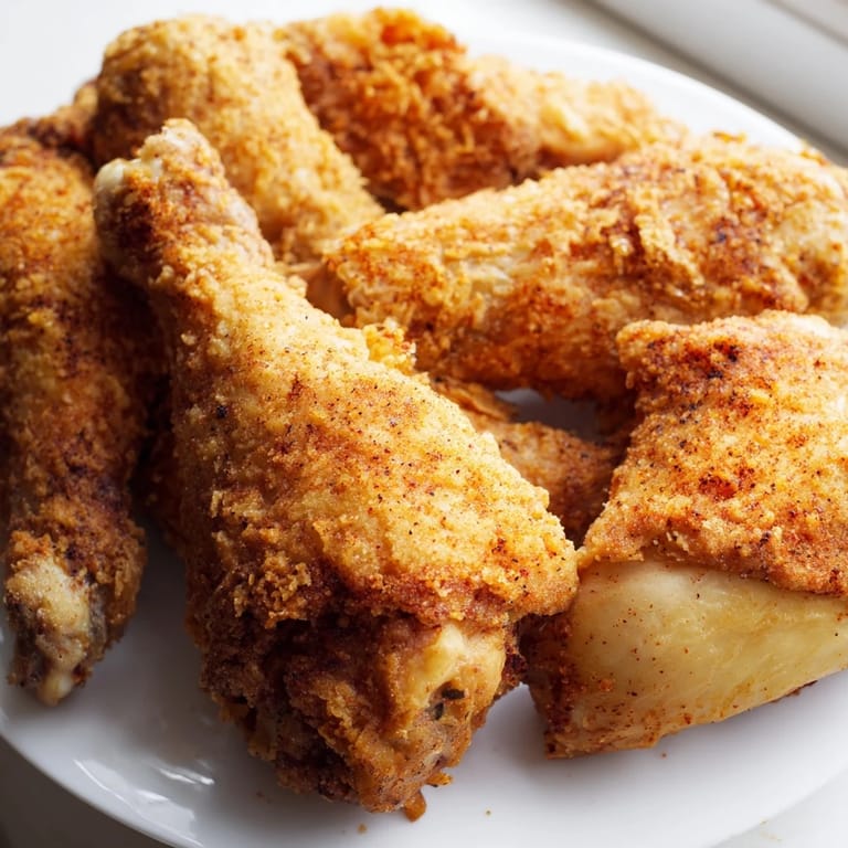 A close view of deep-fried Fried Chicken shows the craggy, spiced breading glistening beside fresh parsley and lemon wedges.