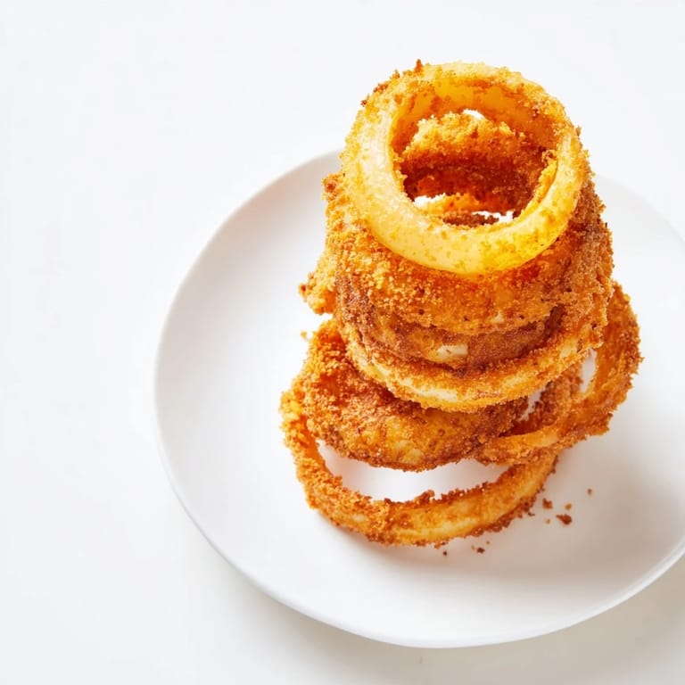 Freshly fried Onion Rings with golden crust, sprinkled with salt and ready to serve.