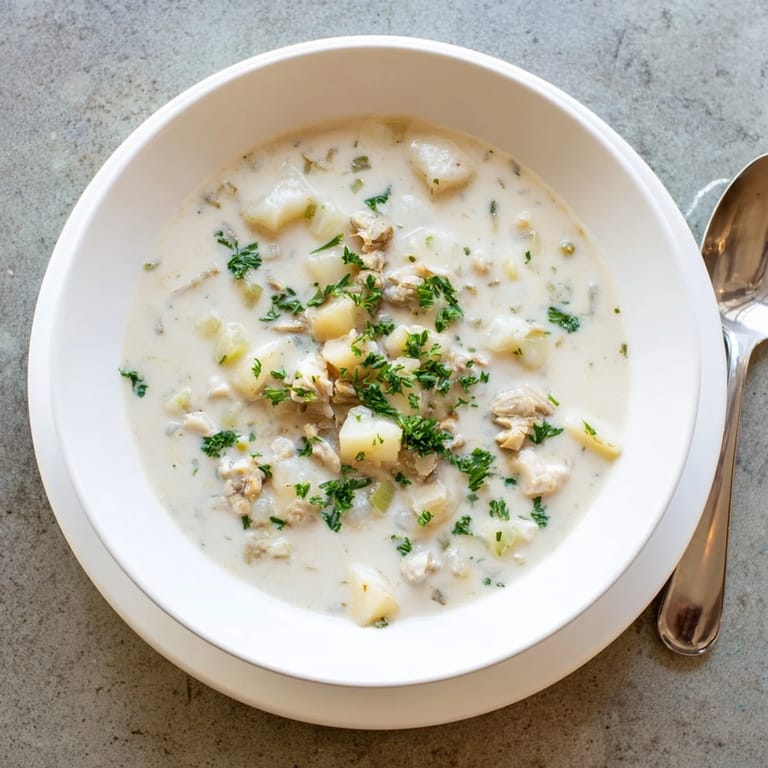 Hearty Clam Chowder with tender potatoes and chopped clams, ladled from a pot with a wooden spoon, ready to serve.
