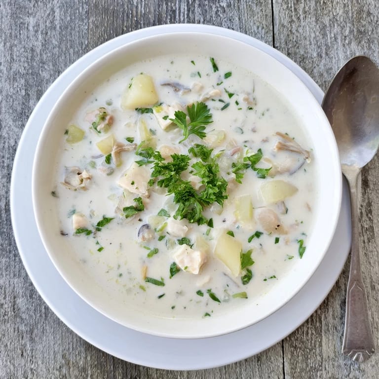 Rich Clam Chowder topped with fresh parsley, accompanied by crusty bread slices, perfect for a comforting chilly day dinner.