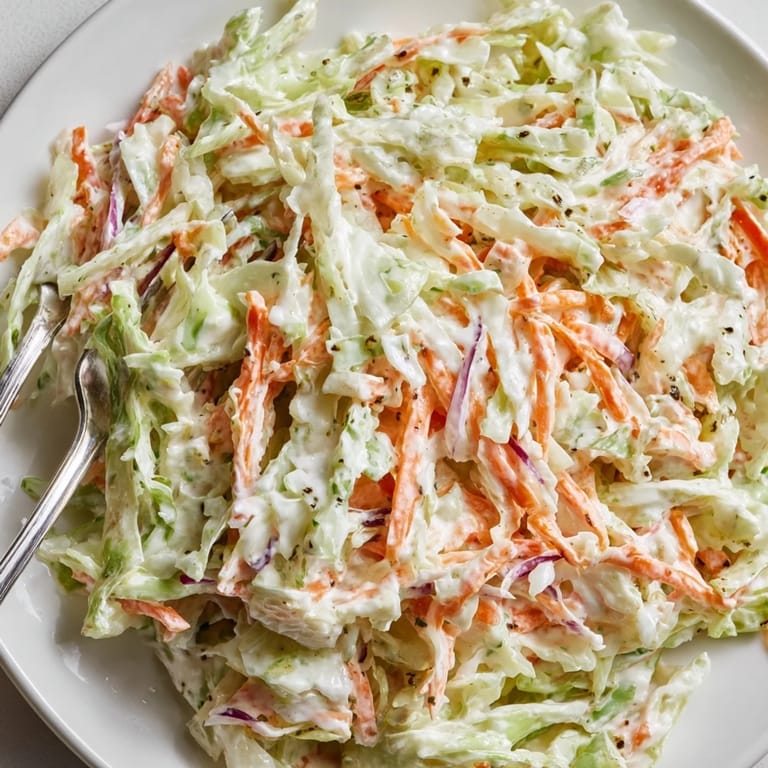 Vibrant bowl of Classic Coleslaw featuring crunchy green cabbage, orange carrots, and creamy tangy dressing, ready to serve.