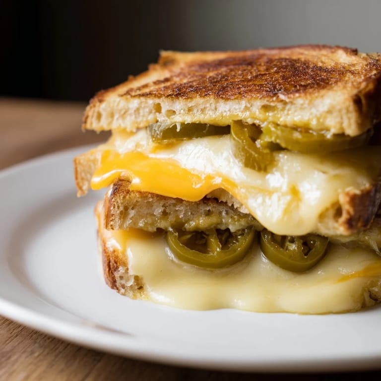 A close-up view shows the crispy, golden-brown crust of a Cheddar Jalapeño Grilled Cheese sandwich.
